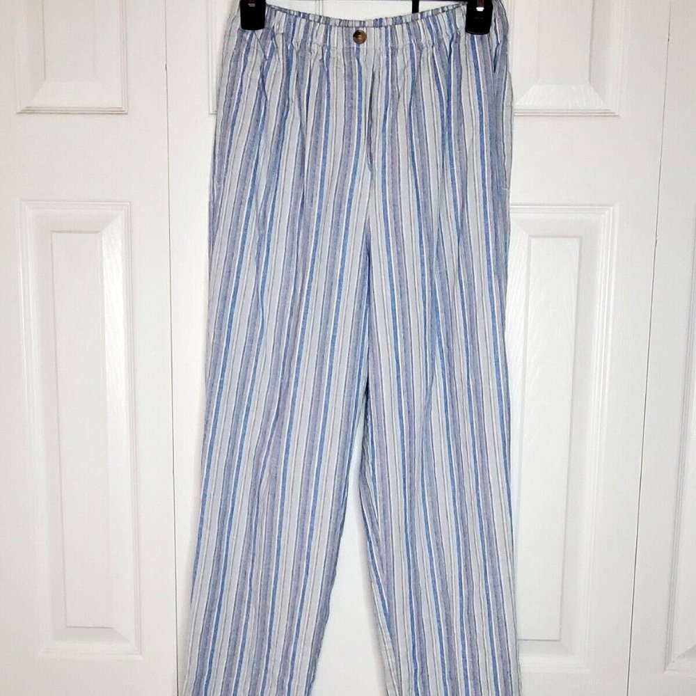 Linen Blend Pants Striped Pull-on Elastic Waist Pockets Beachy Boho